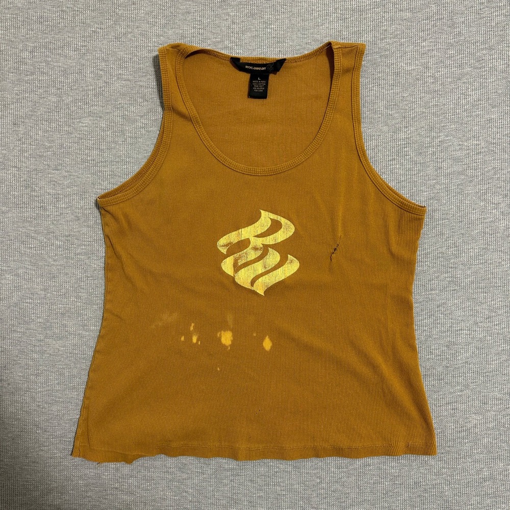 Rocawear Y2K Ribbed Graphic Tank Top Distressed Mustard Yellow Womens Size Large